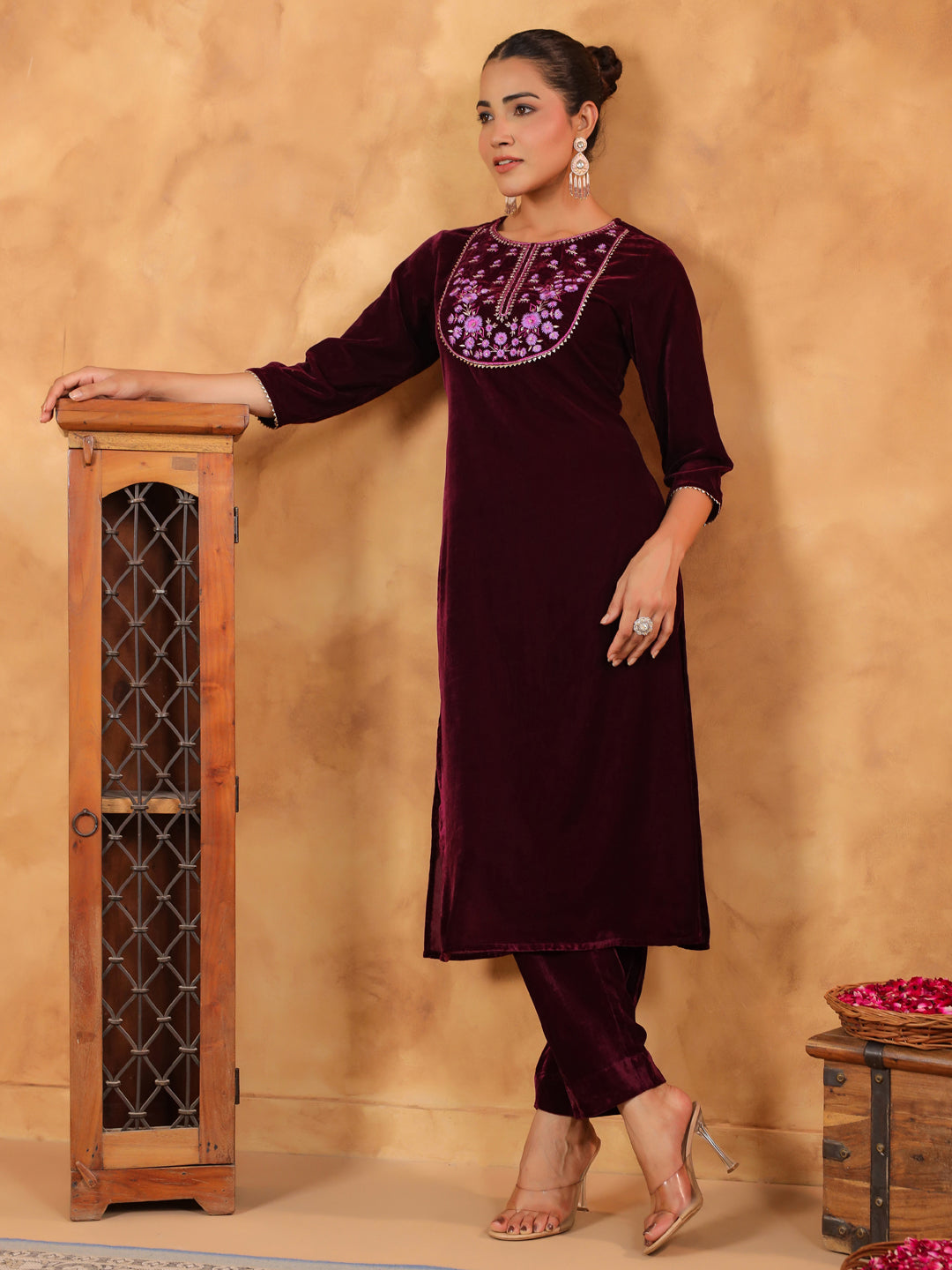 Wine Velvet Yoke Embroidery Straight Kurta Set