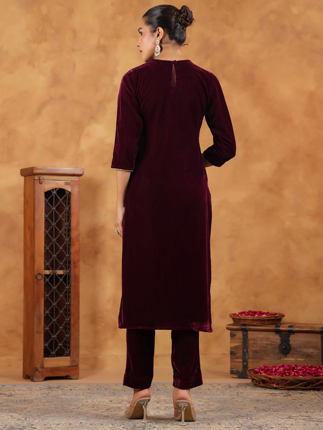 Wine Velvet Yoke Embroidery Straight Kurta Set