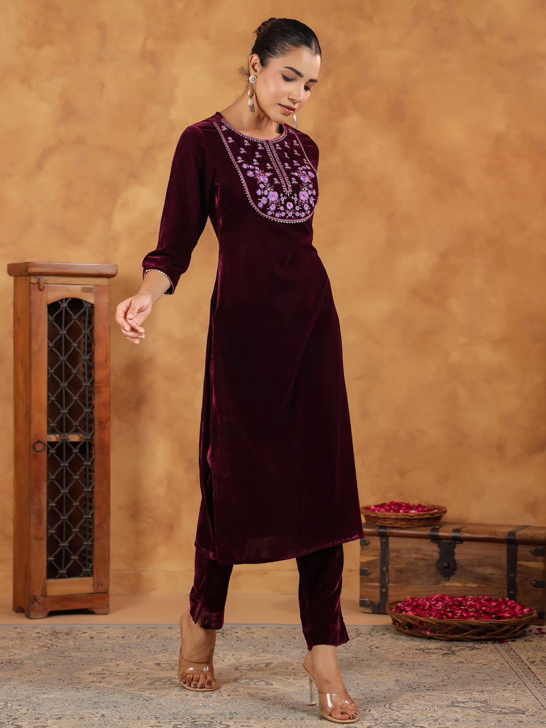 Wine Velvet Yoke Embroidery Straight Kurta Set