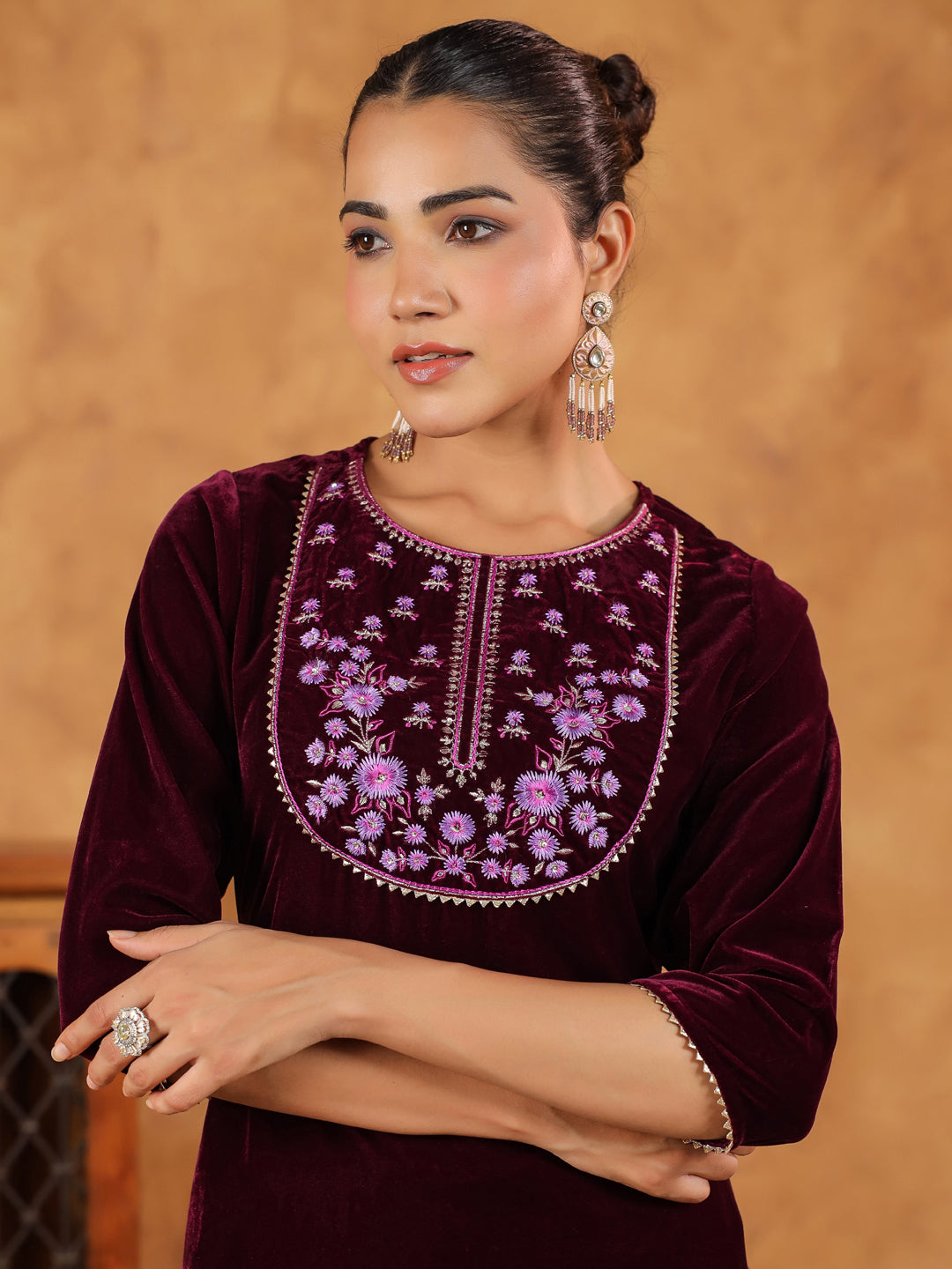 Wine Velvet Yoke Embroidery Straight Kurta Set