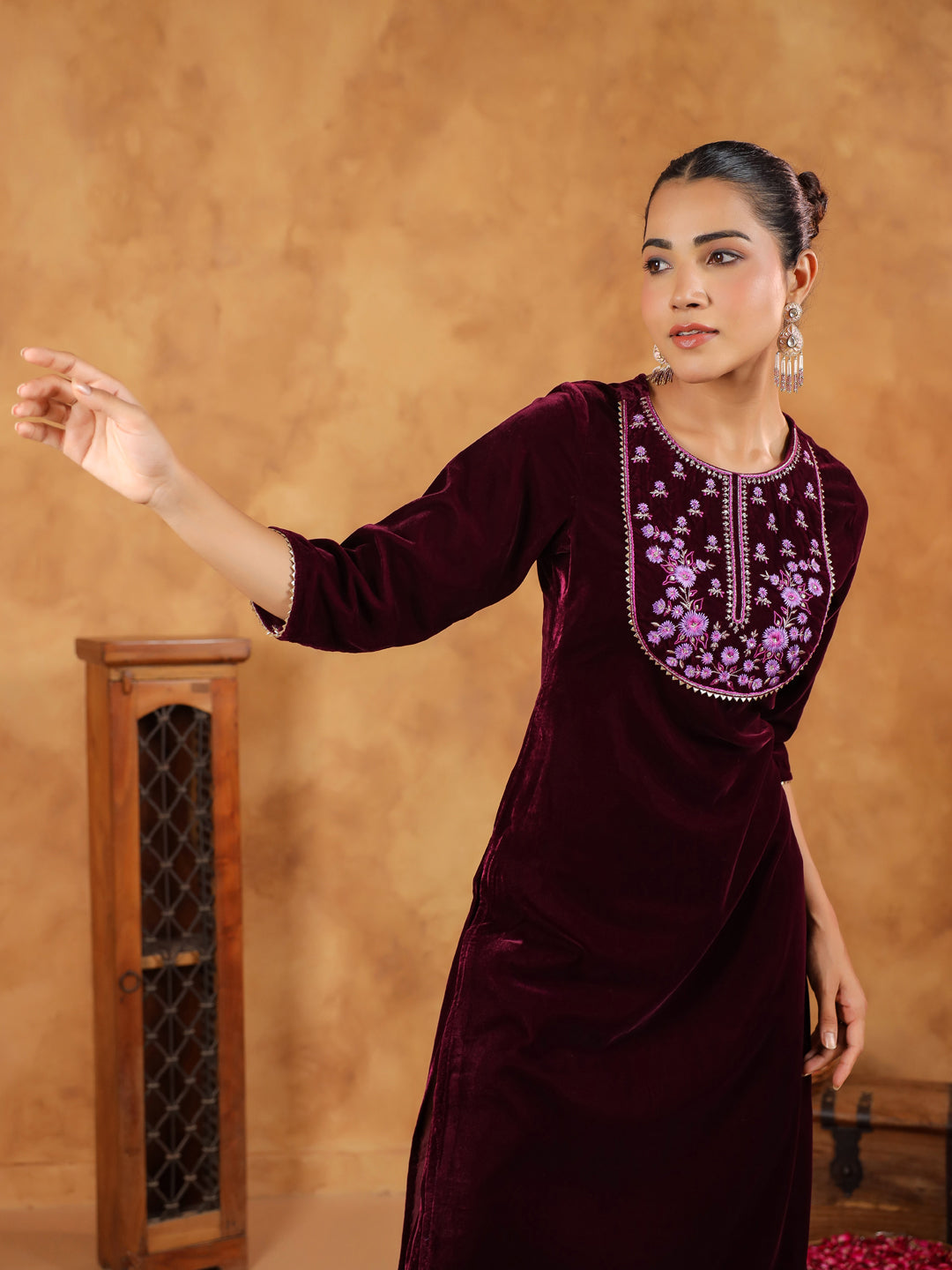 Wine Velvet Yoke Embroidery Straight Kurta Set