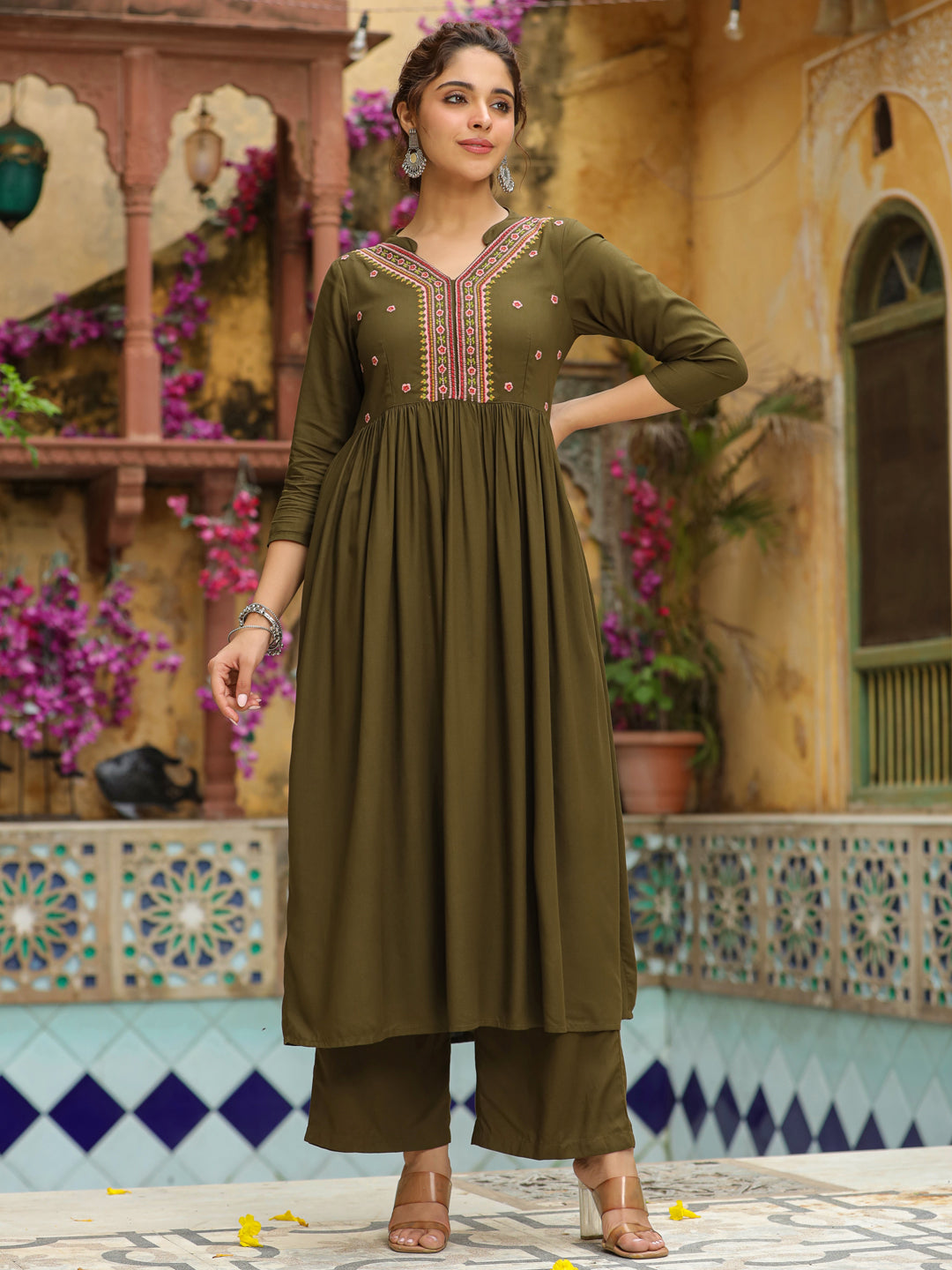 Olive Green Rayon Yoke Embroidered A-Line Kurta Set