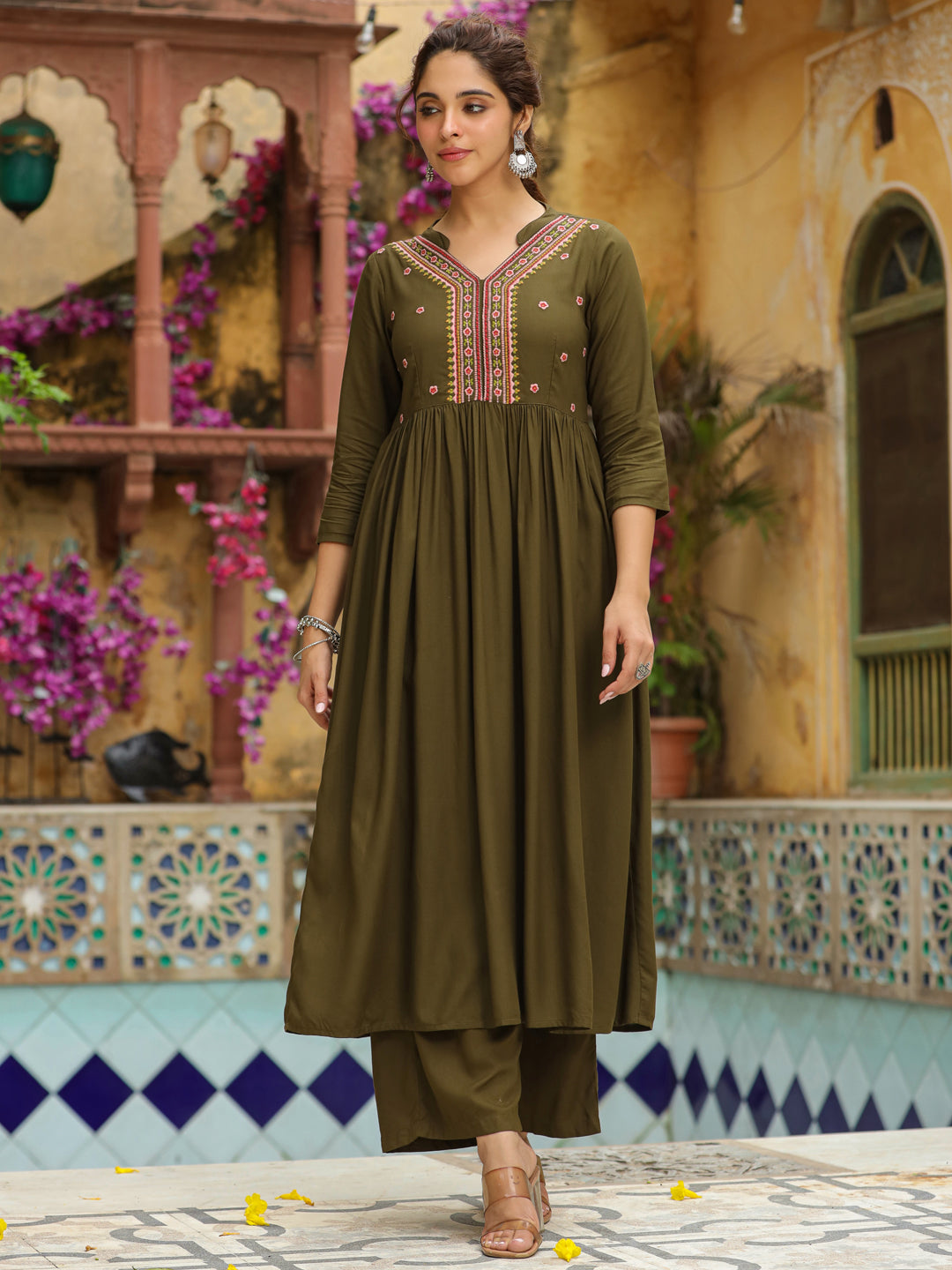 Olive Green Rayon Yoke Embroidered A-Line Kurta Set