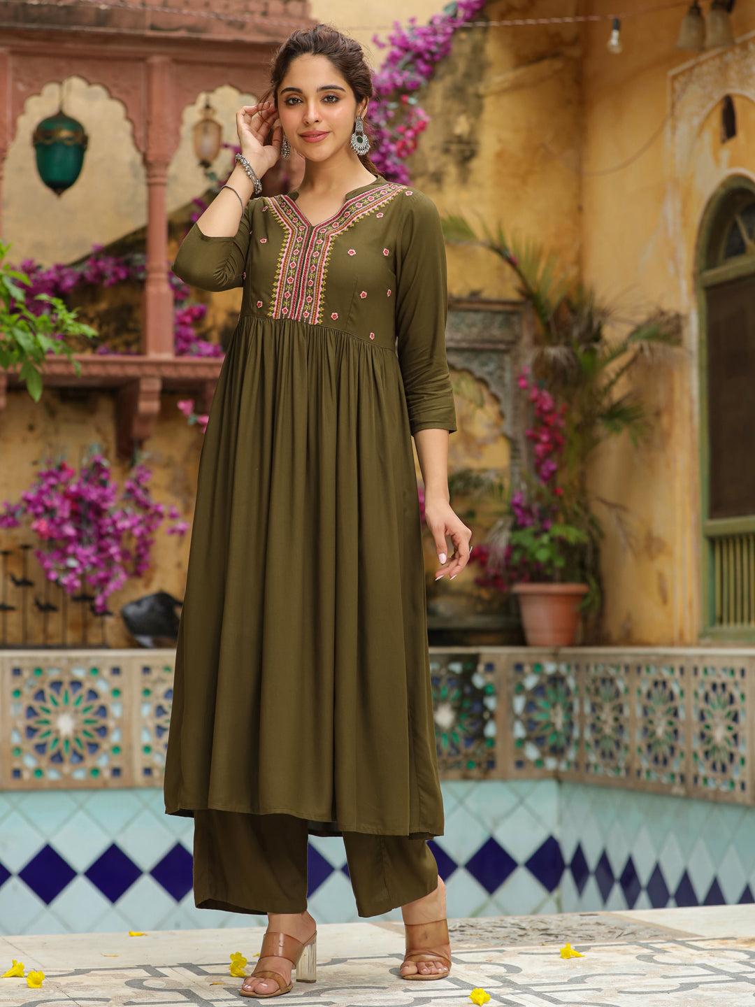 Olive Green Rayon Yoke Embroidered A-Line Kurta Set