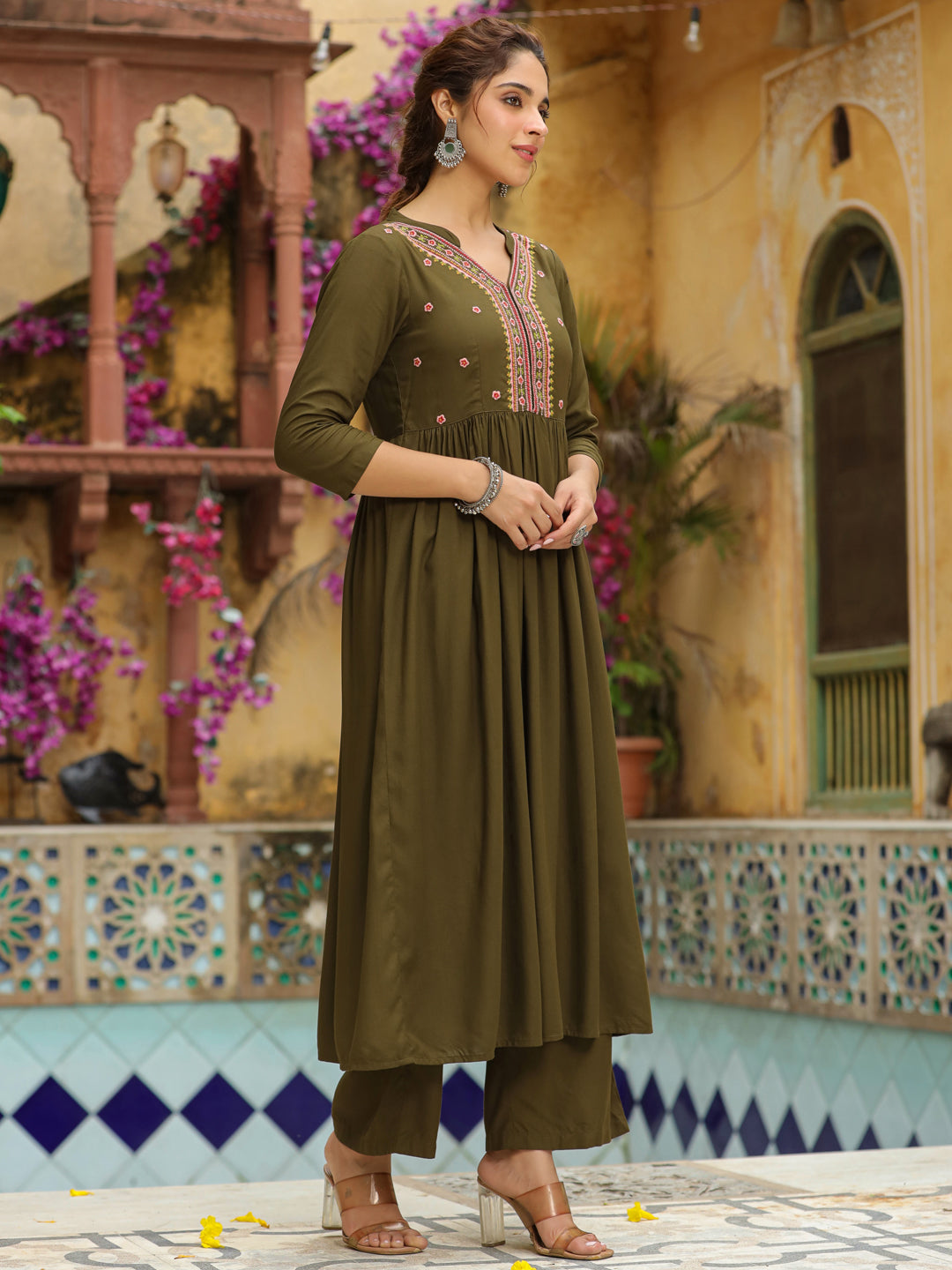 Olive Green Rayon Yoke Embroidered A-Line Kurta Set