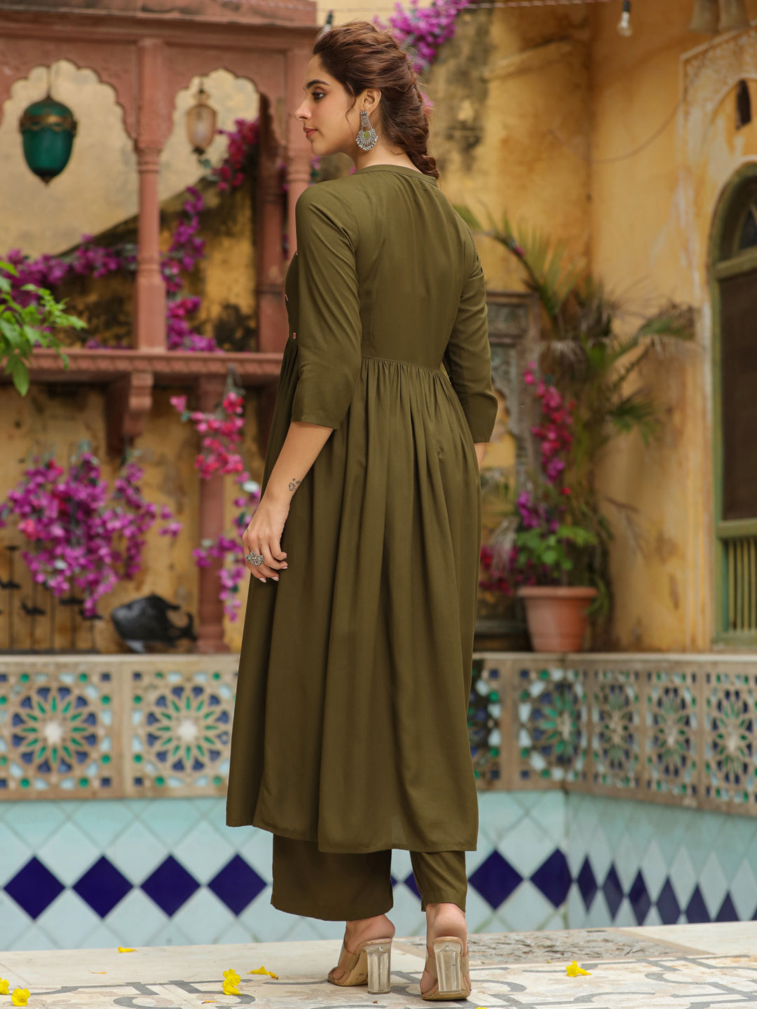 Olive Green Rayon Yoke Embroidered A-Line Kurta Set