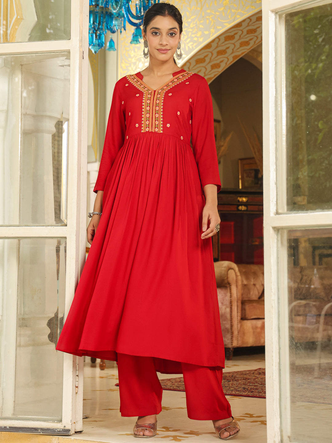 Maroon Rayon Embroidered Anarkali Kurta Set