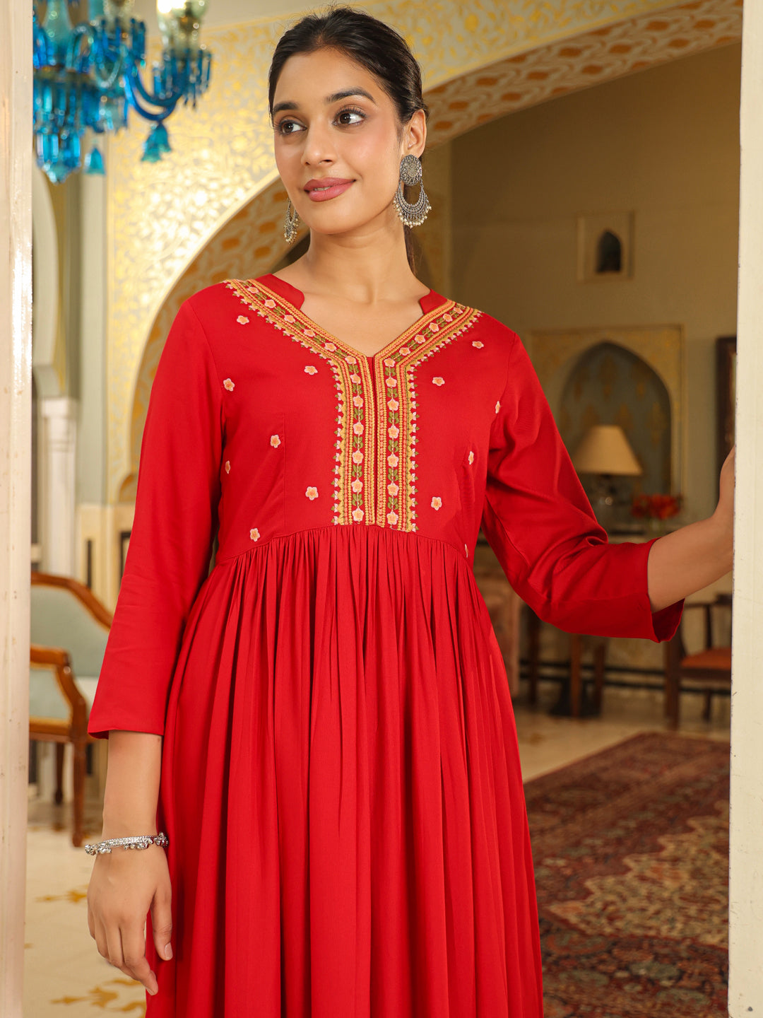 Maroon Rayon Embroidered Anarkali Kurta Set