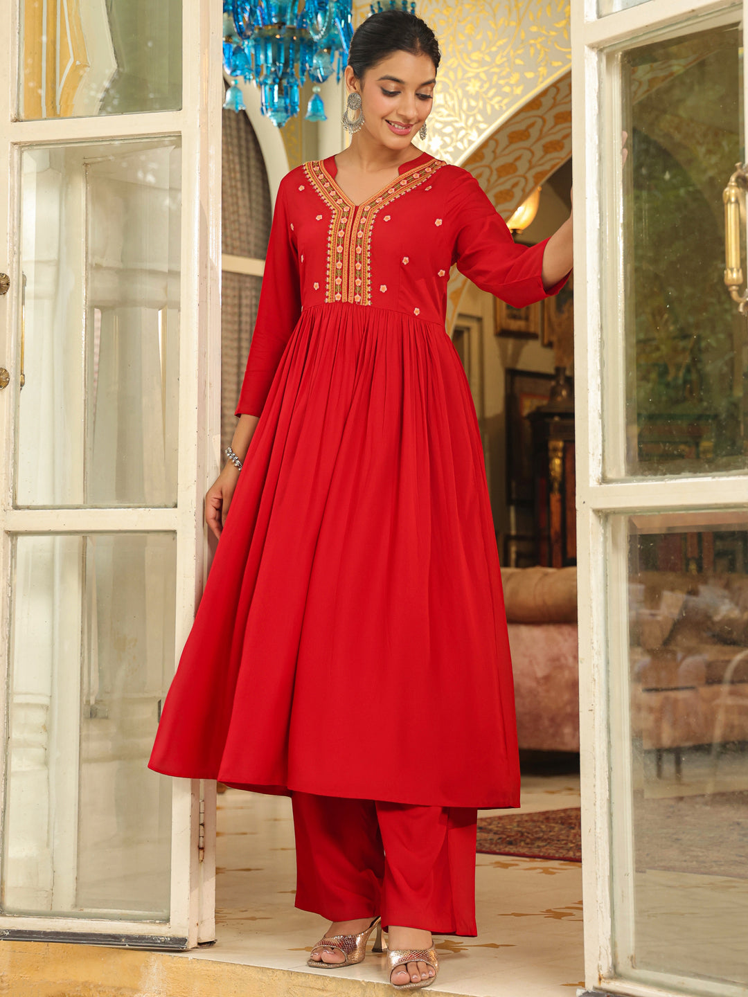 Maroon Rayon Embroidered Anarkali Kurta Set