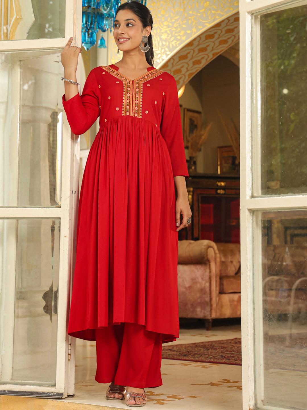 Maroon Rayon Embroidered Anarkali Kurta Set