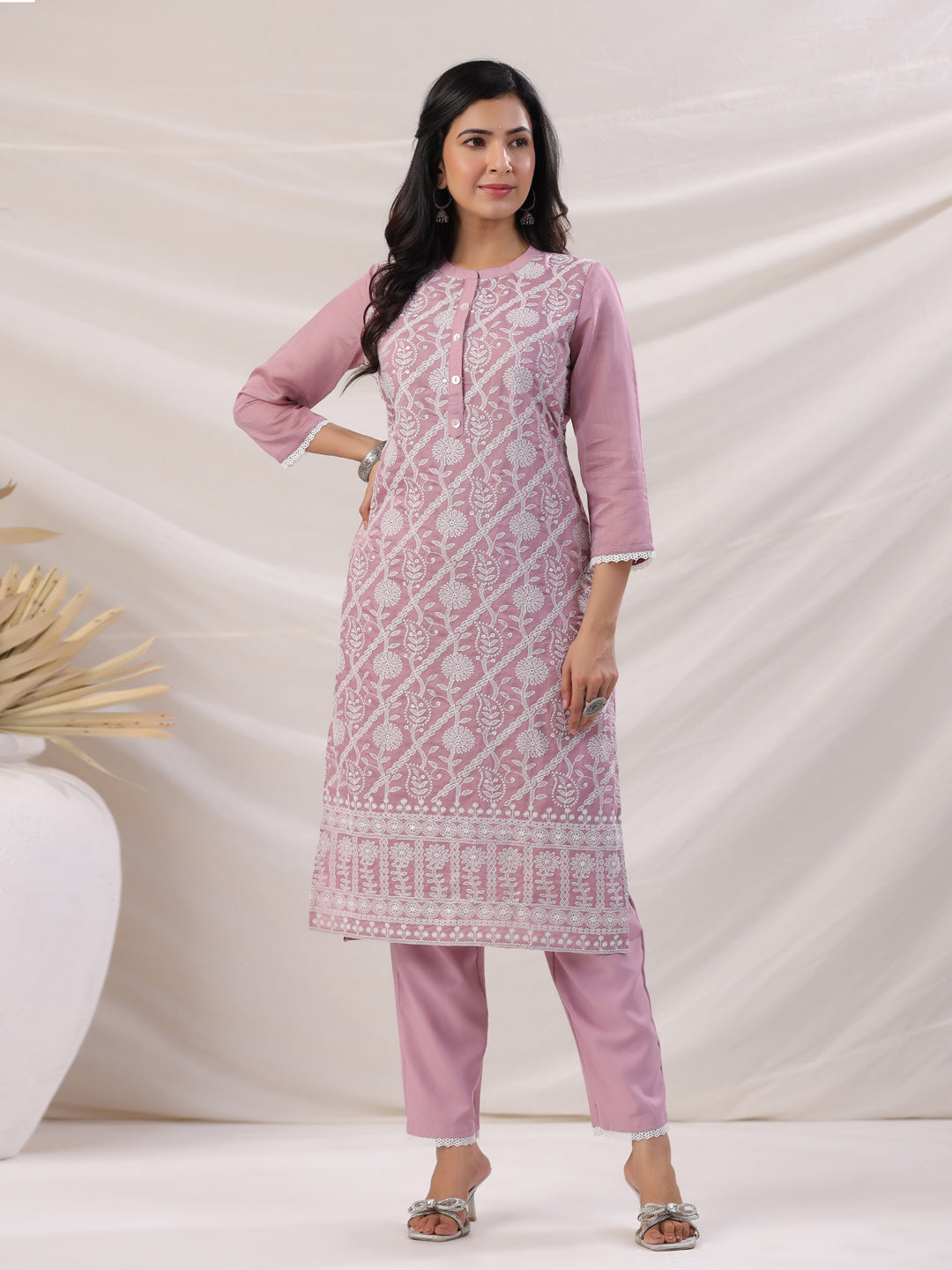 Mauve Chanderi Embroidered Straight Kurta Set