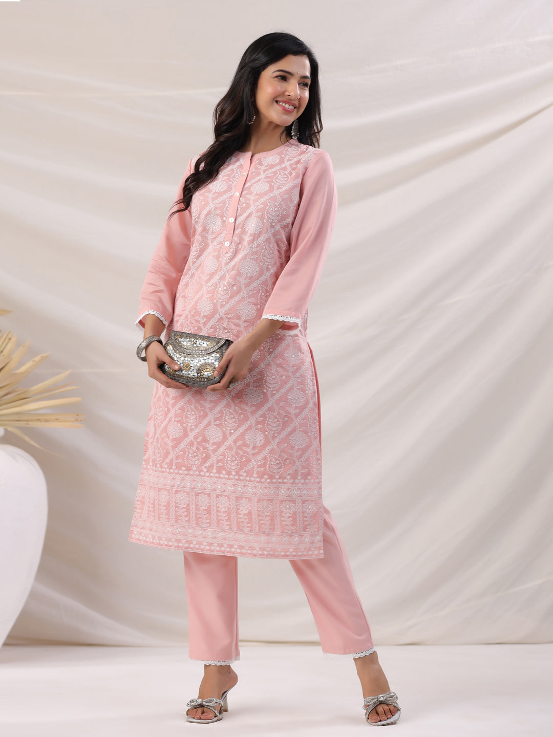 Peach Chanderi Embroidered Straight Kurta Set