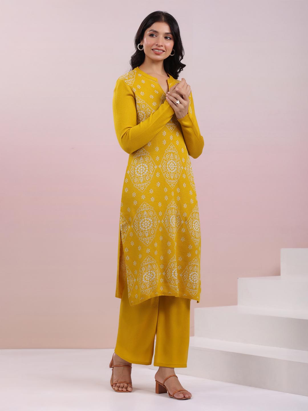 Mustard Woolen Ethnic Motifs Straight Winter Kurta Set