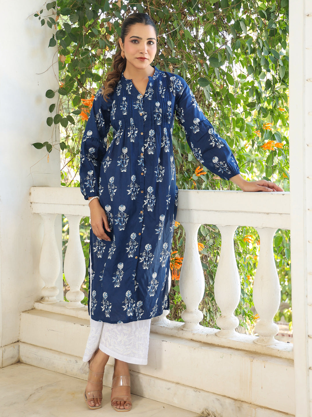 Indigo Pure Cotton Floral Printed Pleated Kurta