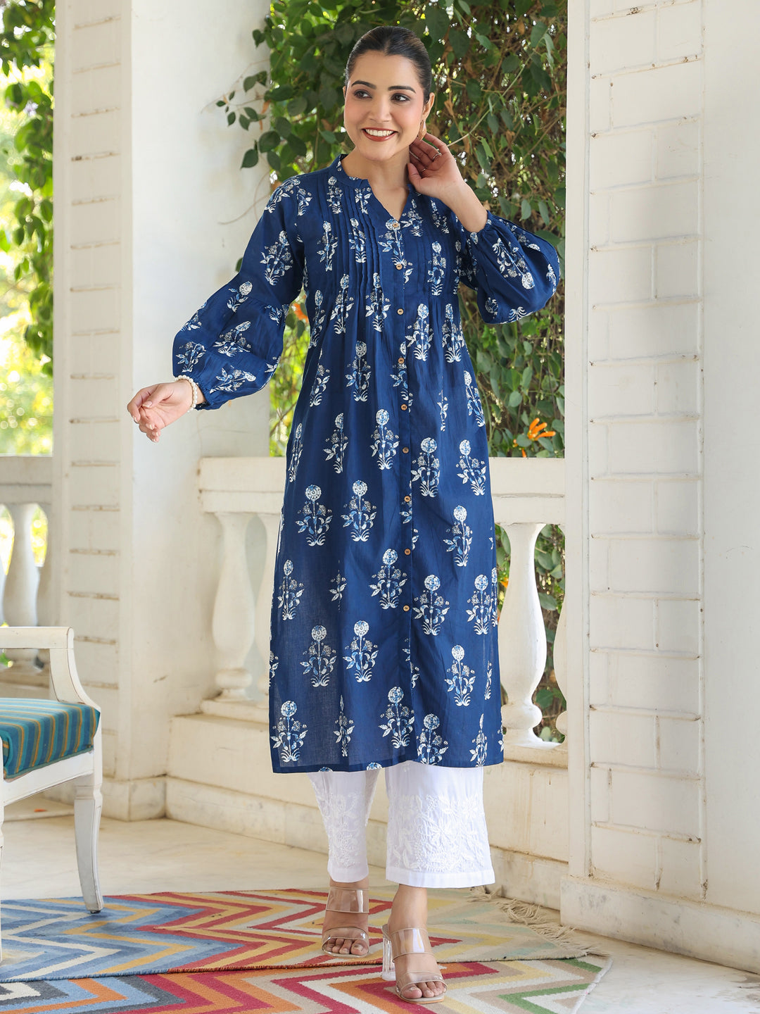 Indigo Pure Cotton Floral Printed Pleated Kurta