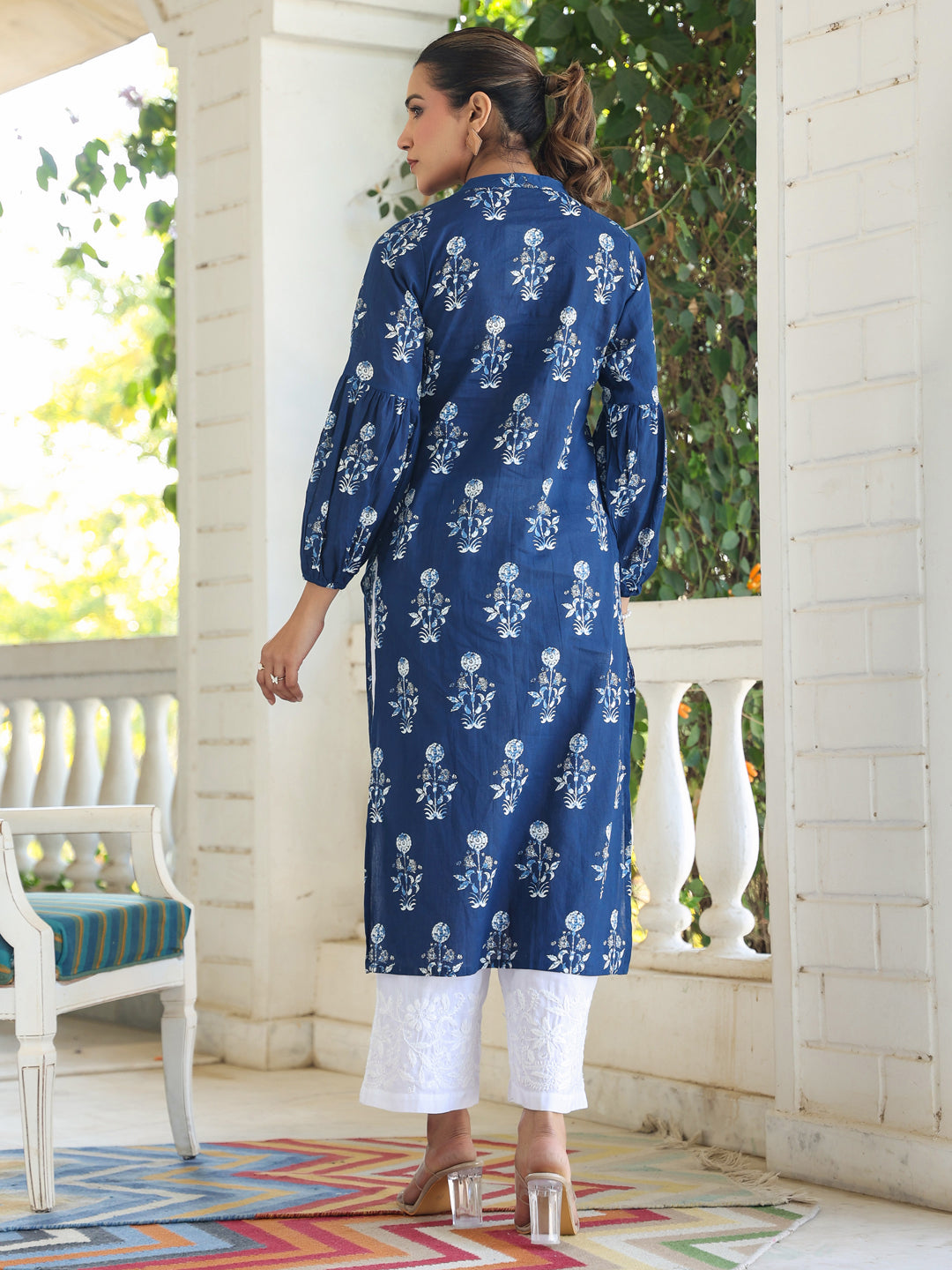 Indigo Pure Cotton Floral Printed Pleated Kurta