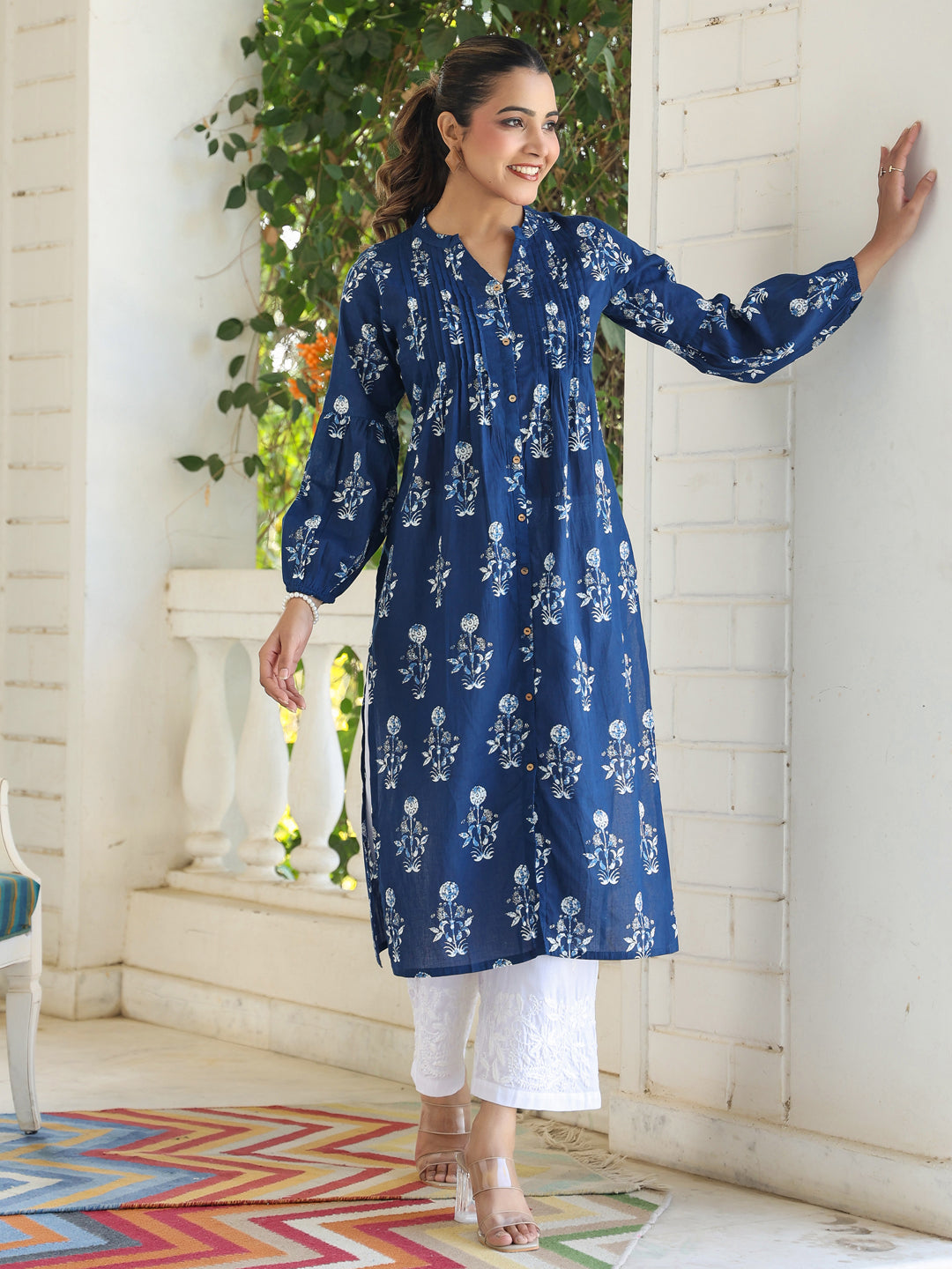 Indigo Pure Cotton Floral Printed Pleated Kurta