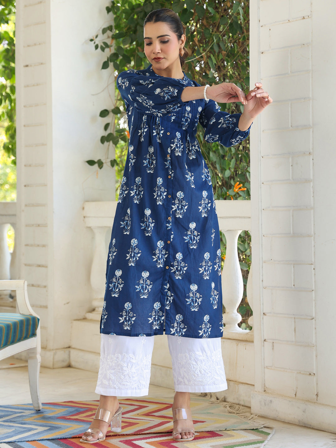 Indigo Pure Cotton Floral Printed Pleated Kurta