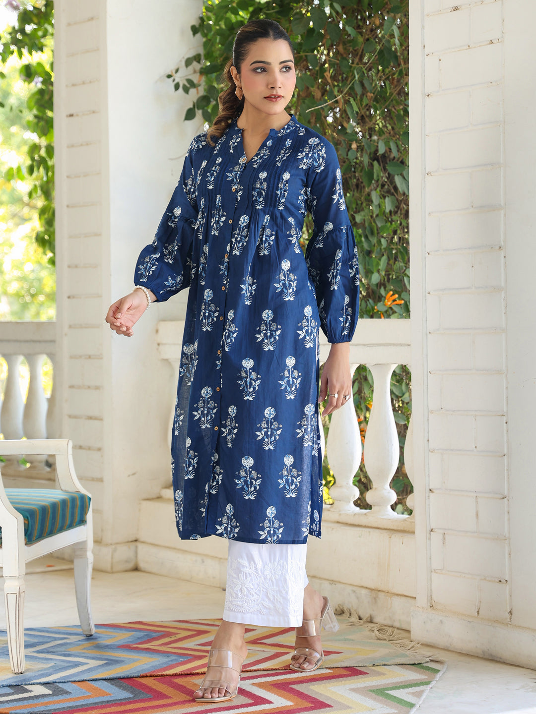 Indigo Pure Cotton Floral Printed Pleated Kurta