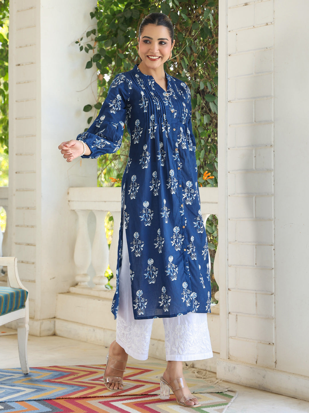 Indigo Pure Cotton Floral Printed Pleated Kurta