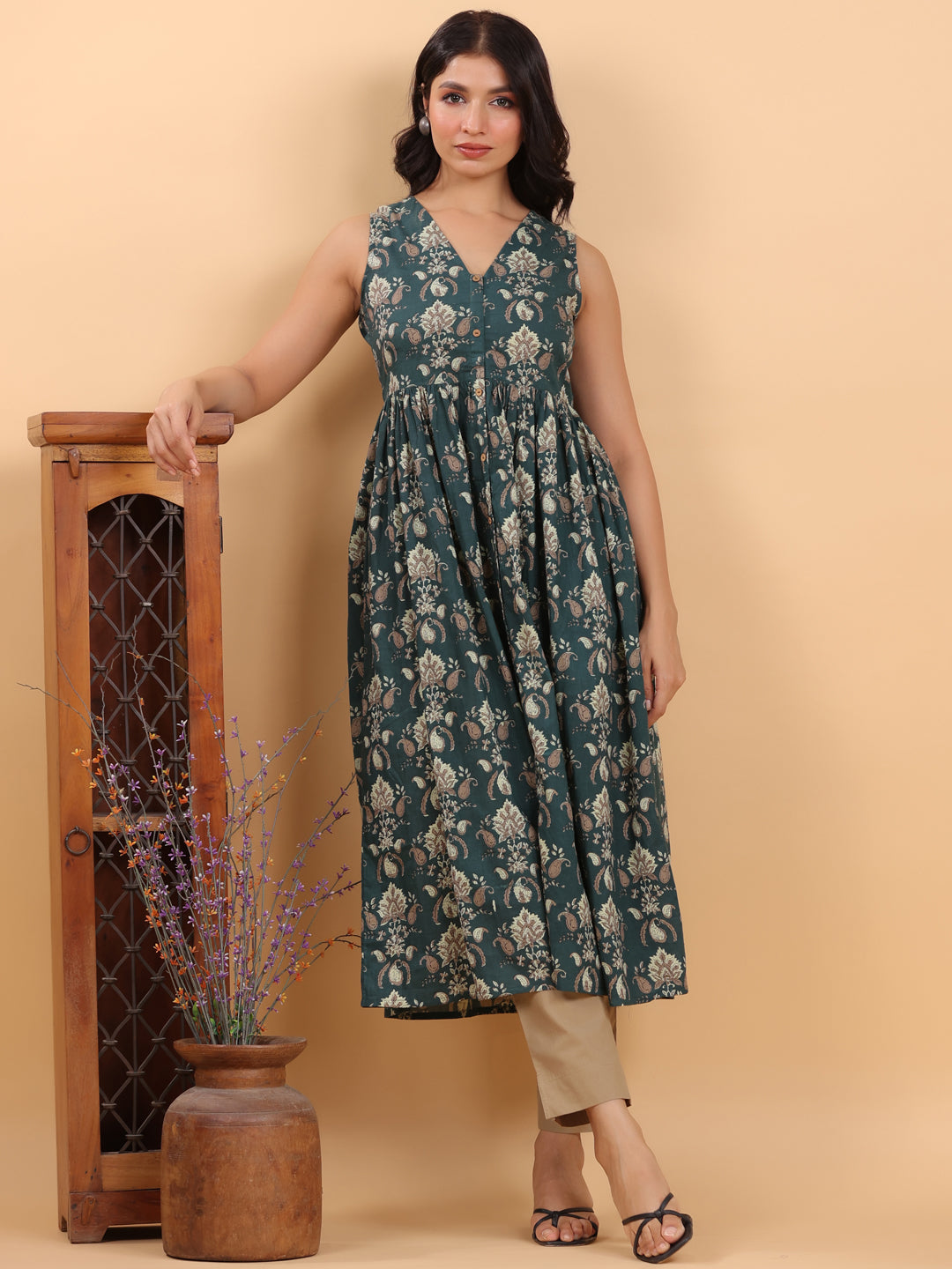 Dark Green Pure Cotton Paisley Printed A-Line Kurta