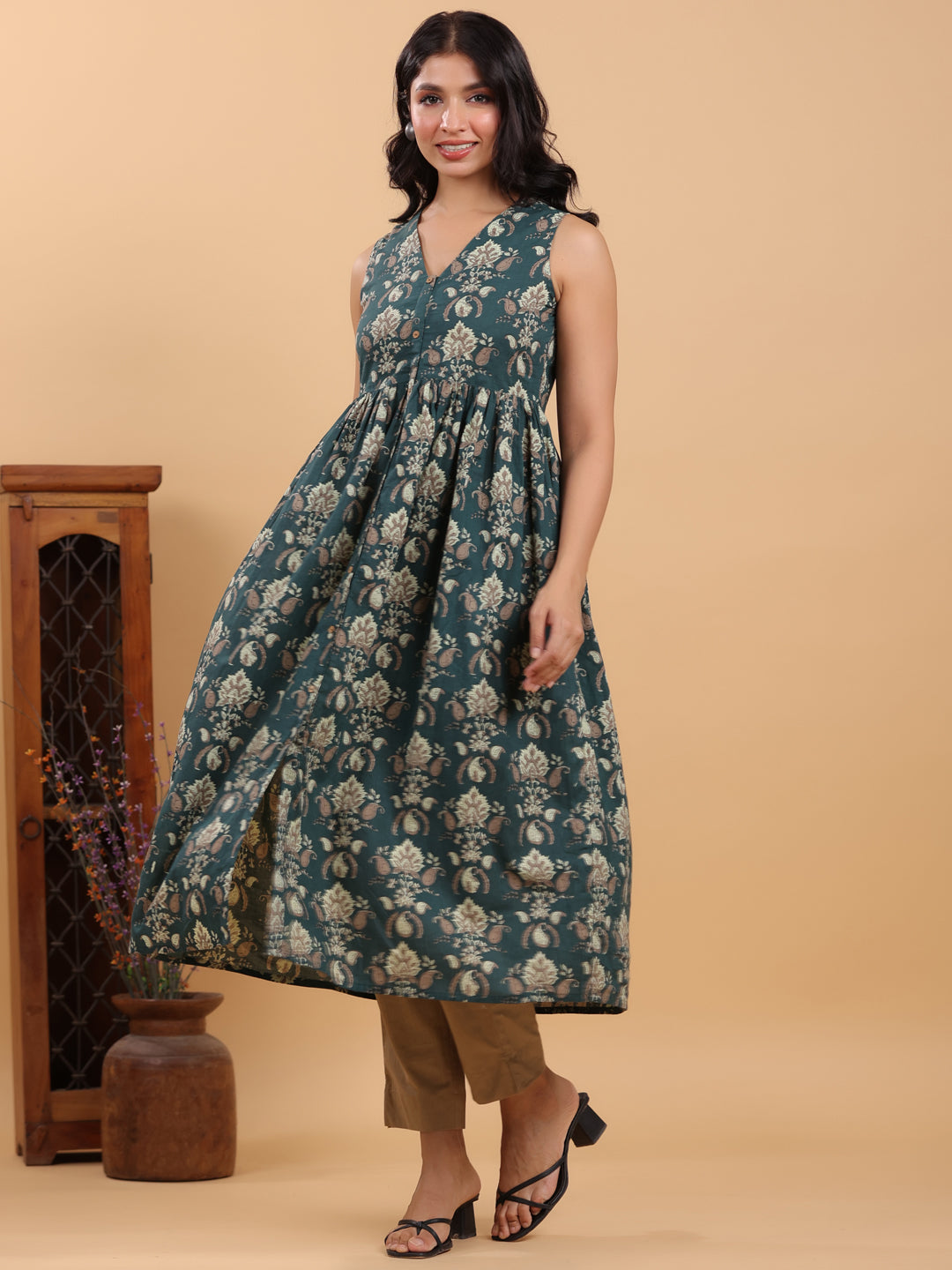 Dark Green Pure Cotton Paisley Printed A-Line Kurta