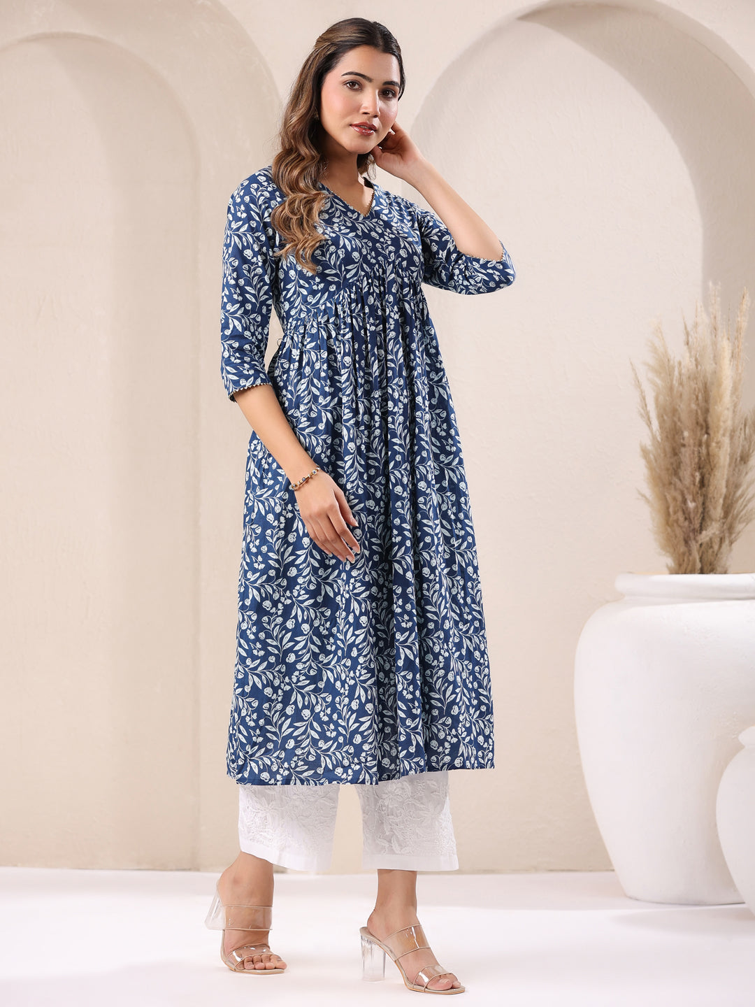 Blue Pure Cotton Floral Printed A-Line Kurta