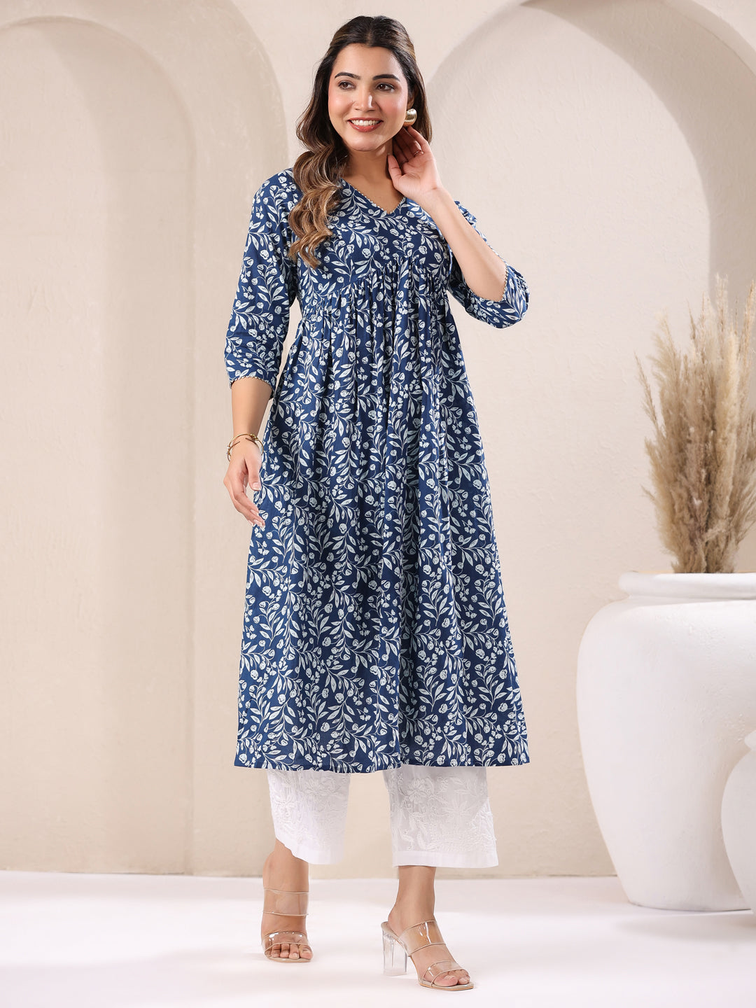 Blue Pure Cotton Floral Printed A-Line Kurta