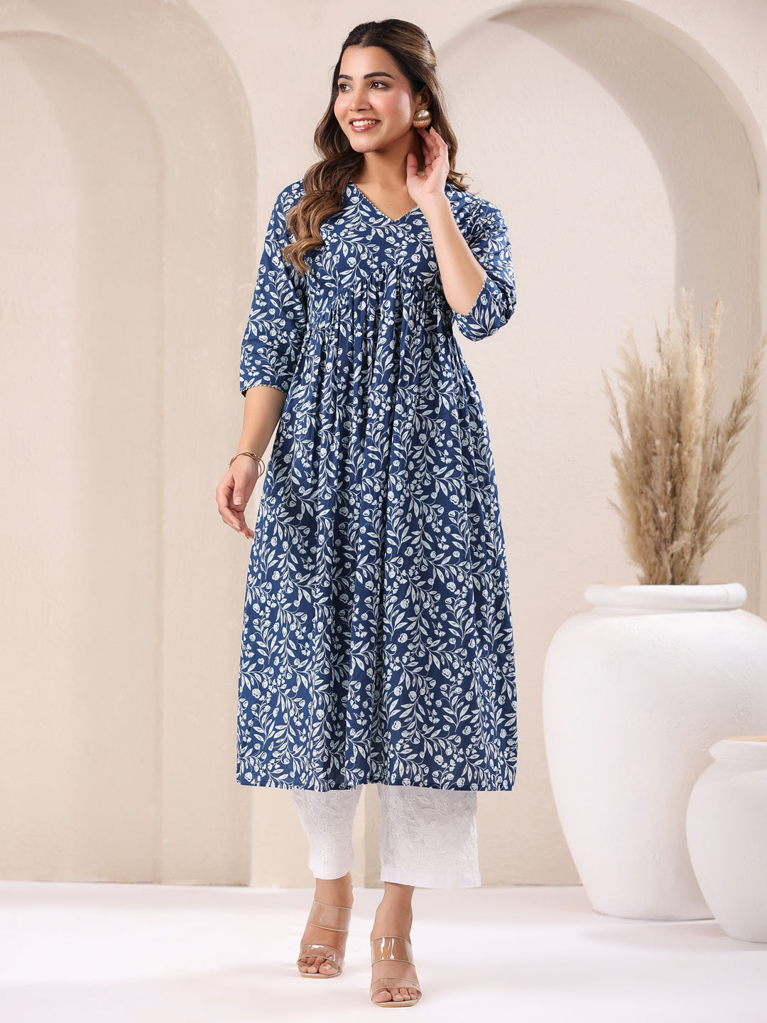 Blue Pure Cotton Floral Printed A-Line Kurta