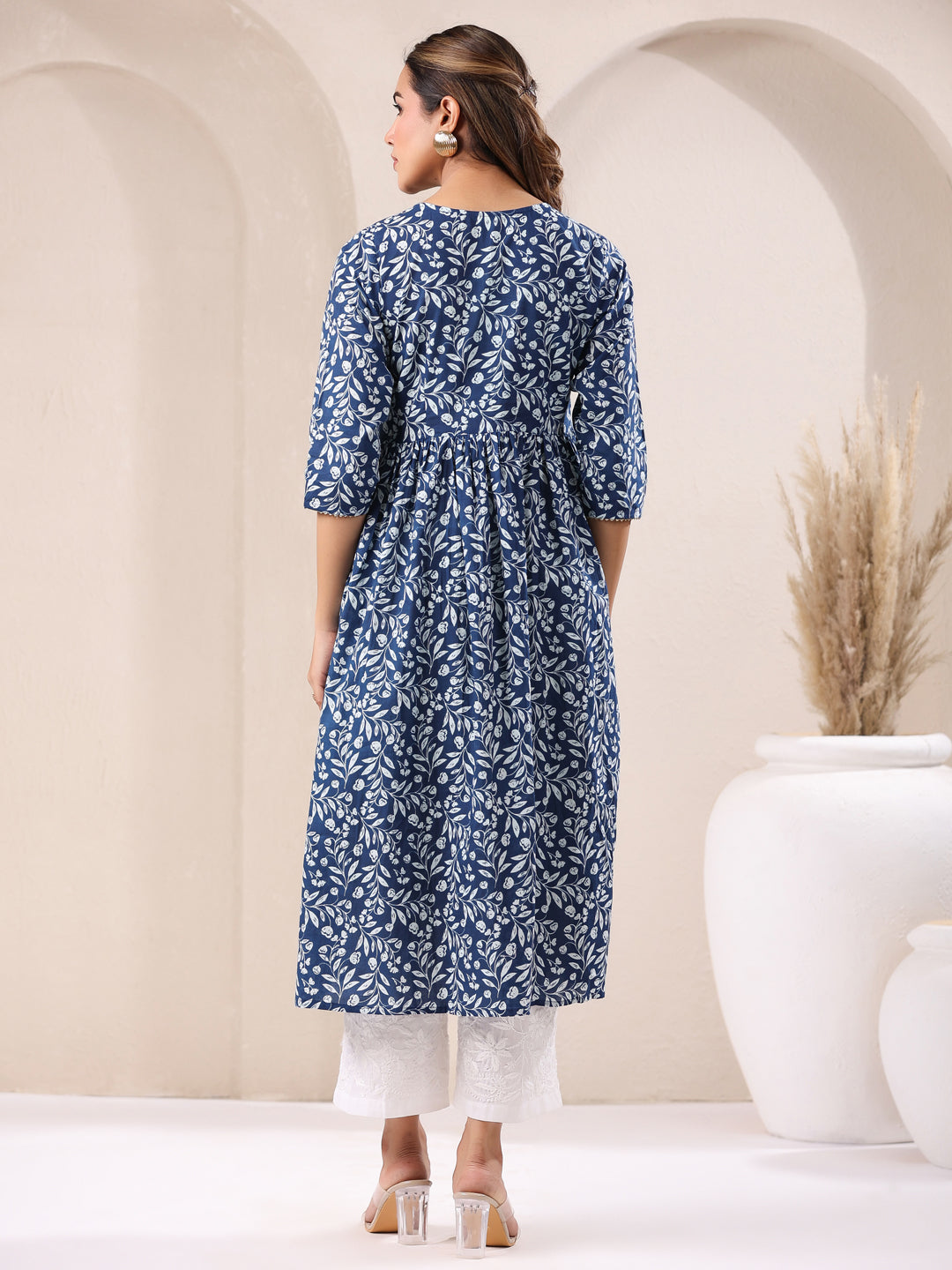 Blue Pure Cotton Floral Printed A-Line Kurta