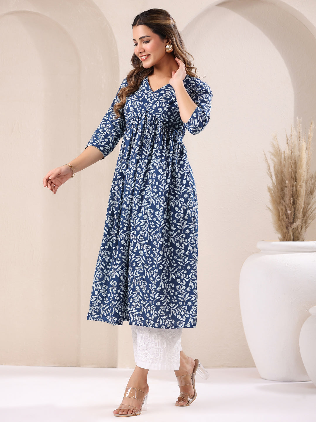 Blue Pure Cotton Floral Printed A-Line Kurta