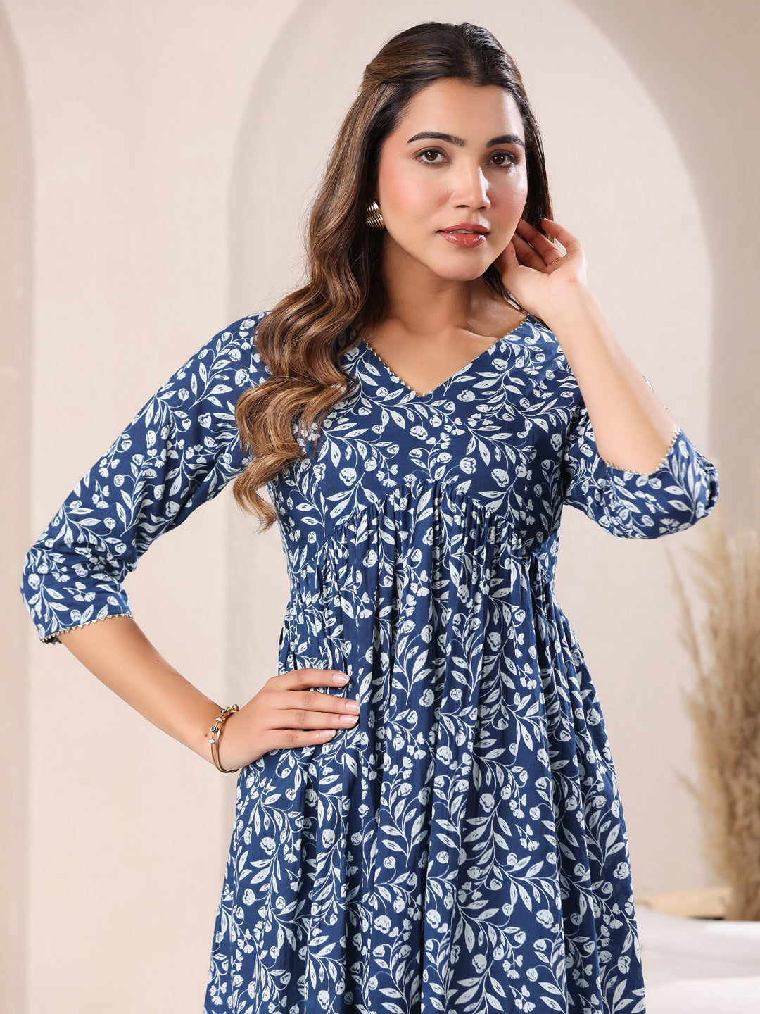 Blue Pure Cotton Floral Printed A-Line Kurta