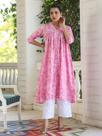 Pink Pure Cotton Floral Printed Empire Kurta