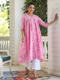 Pink Pure Cotton Floral Printed Empire Kurta