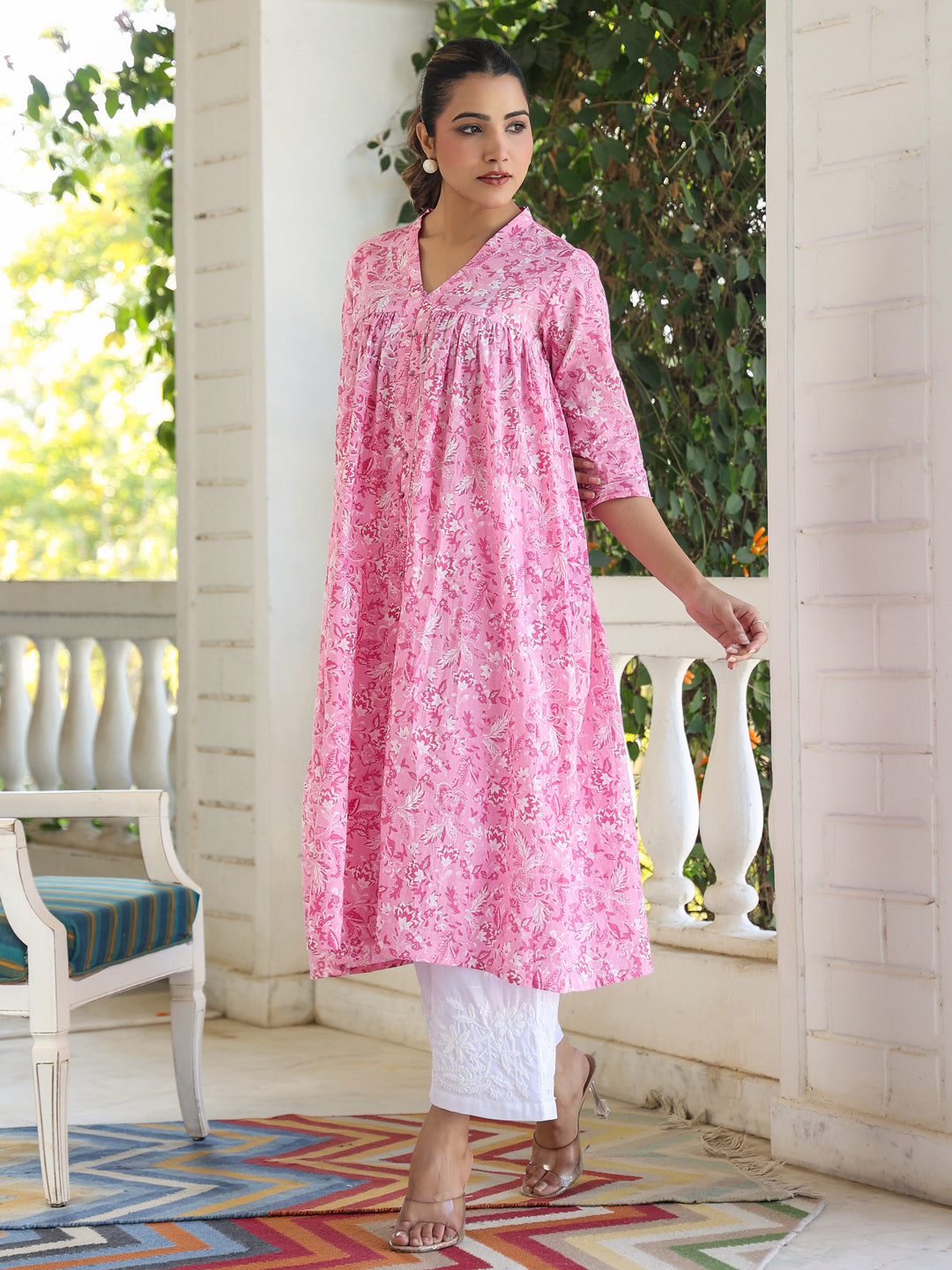 Pink Pure Cotton Floral Printed Empire Kurta