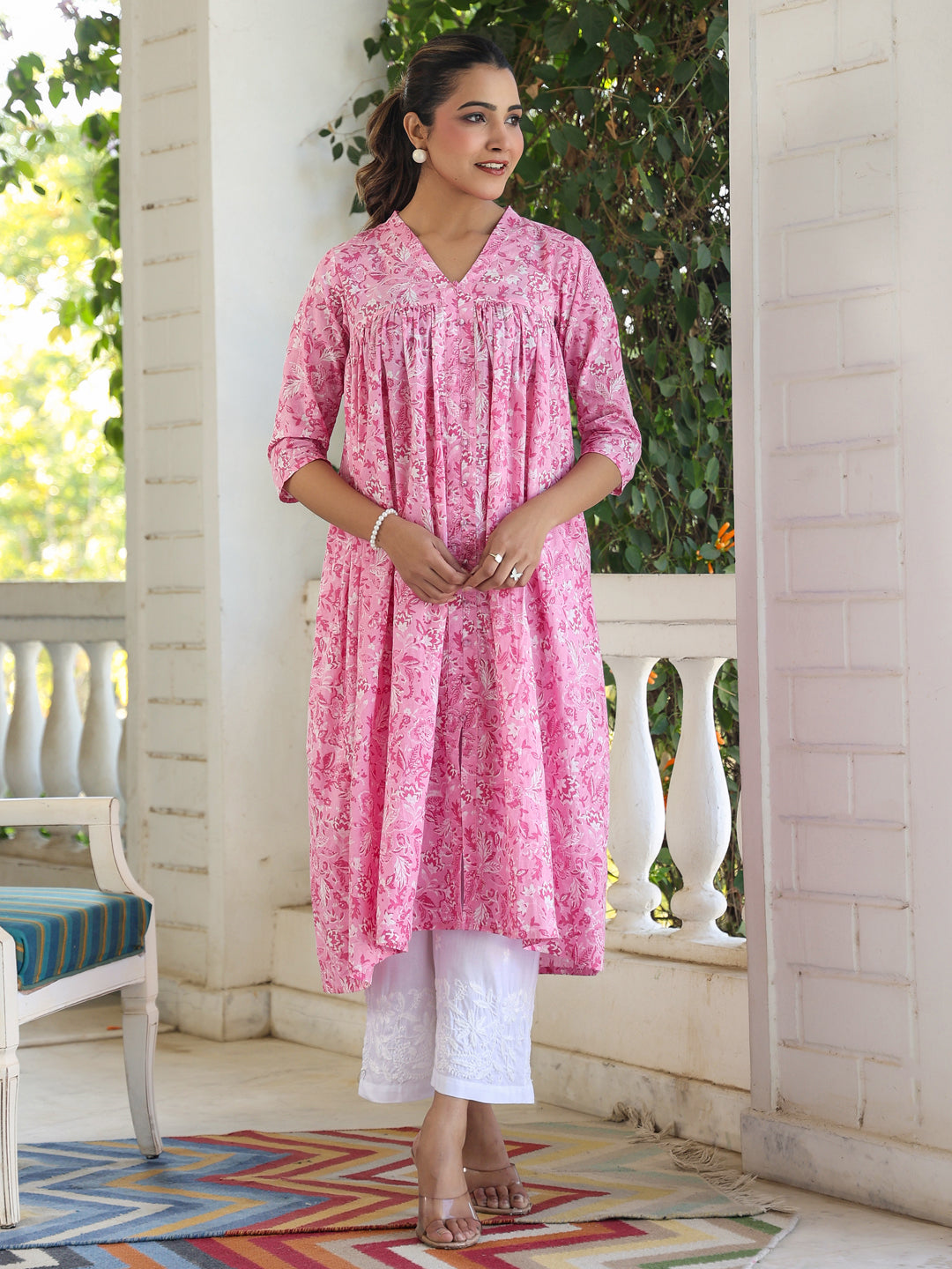 Pink Pure Cotton Floral Printed Empire Kurta