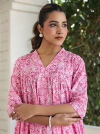 Pink Pure Cotton Floral Printed Empire Kurta