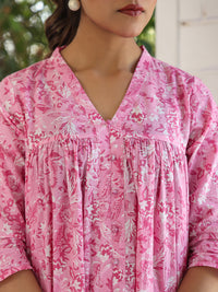 Pink Pure Cotton Floral Printed Empire Kurta