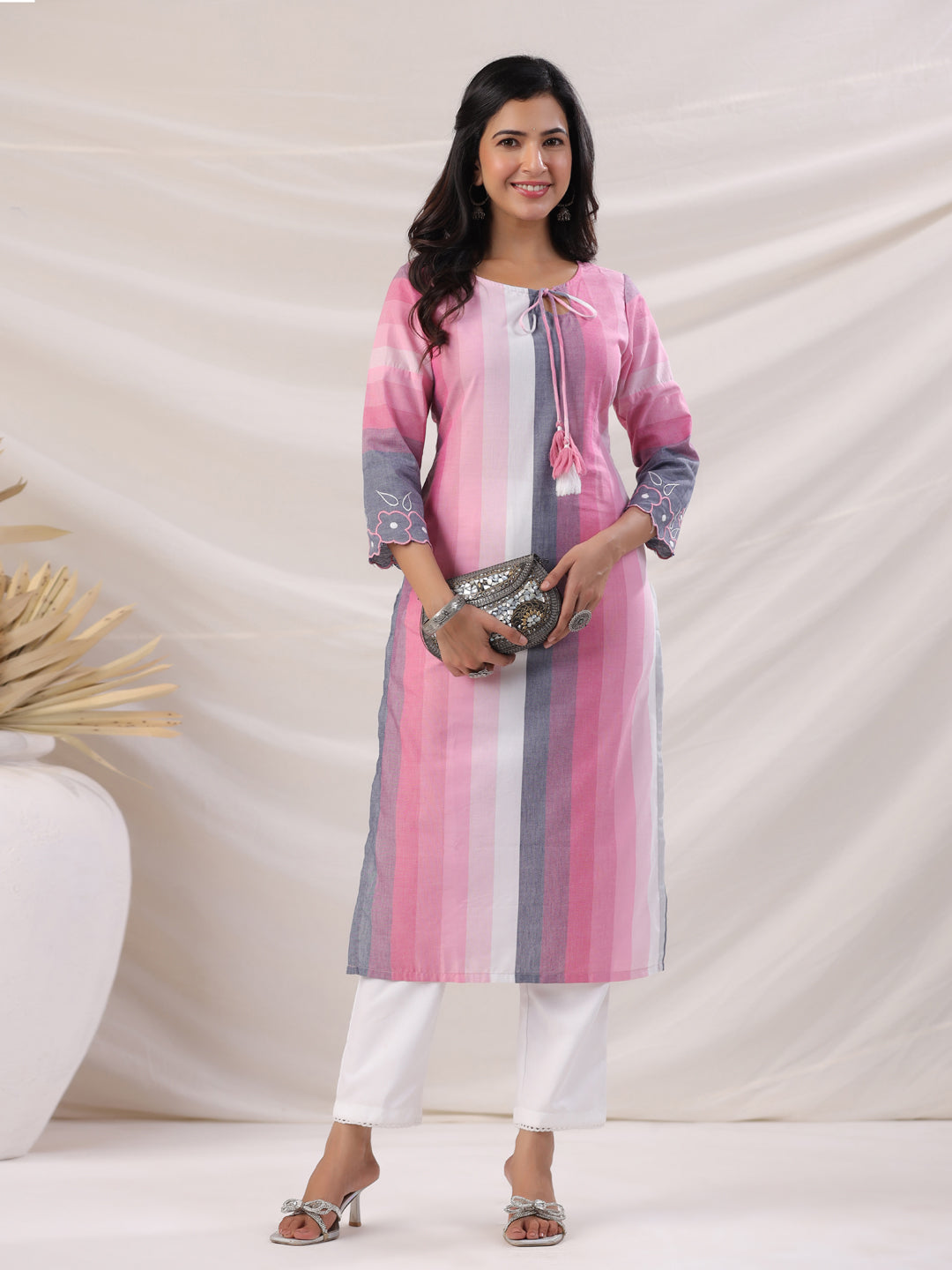 Pink Cotton Striped Straight Kurta