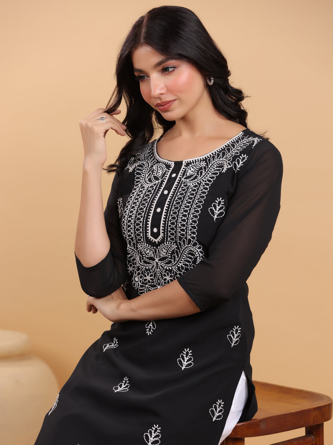 Black Georgette Embroidered Straight Kurta