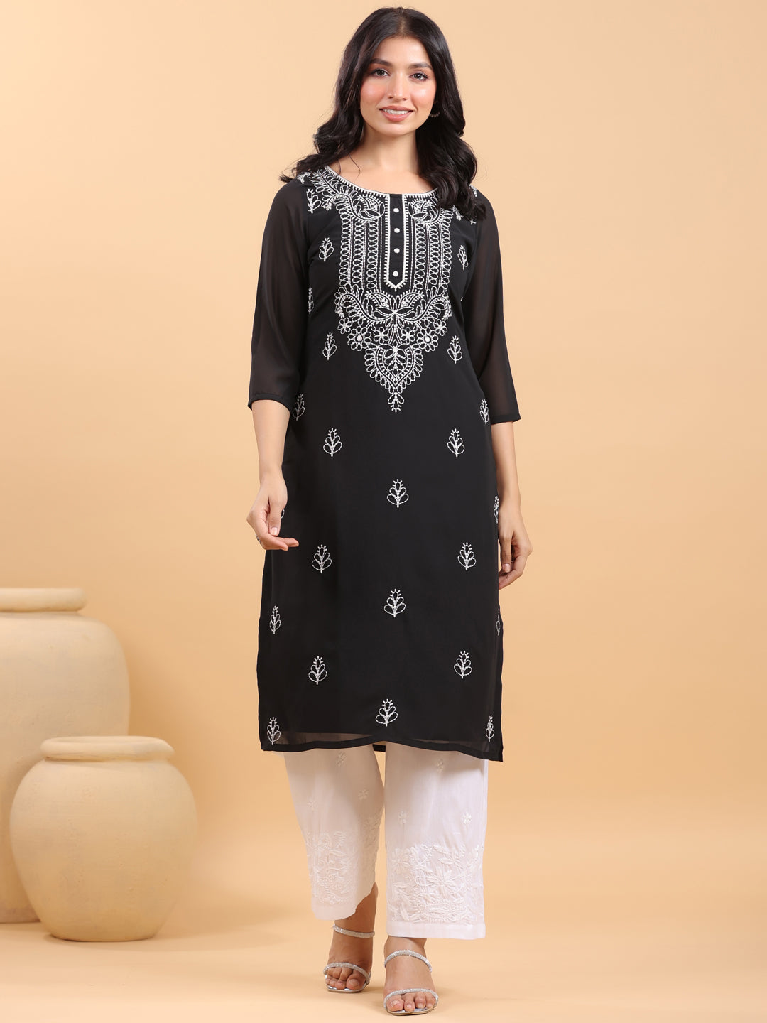 Black Georgette Embroidered Straight Kurta