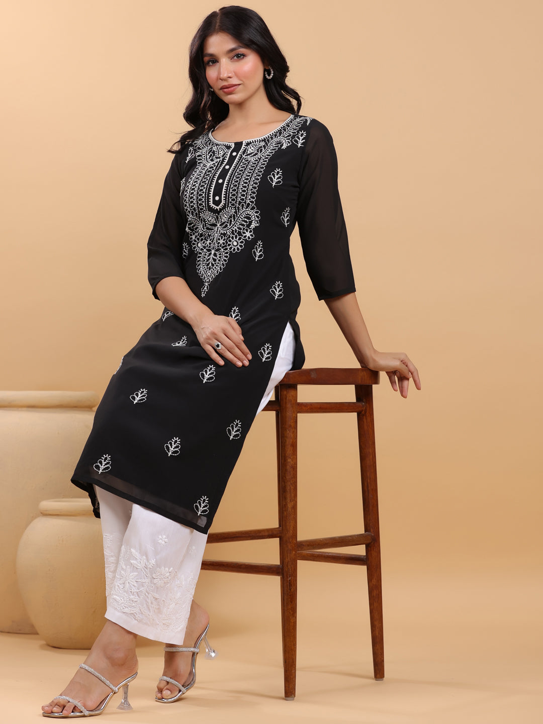 Black Georgette Embroidered Straight Kurta