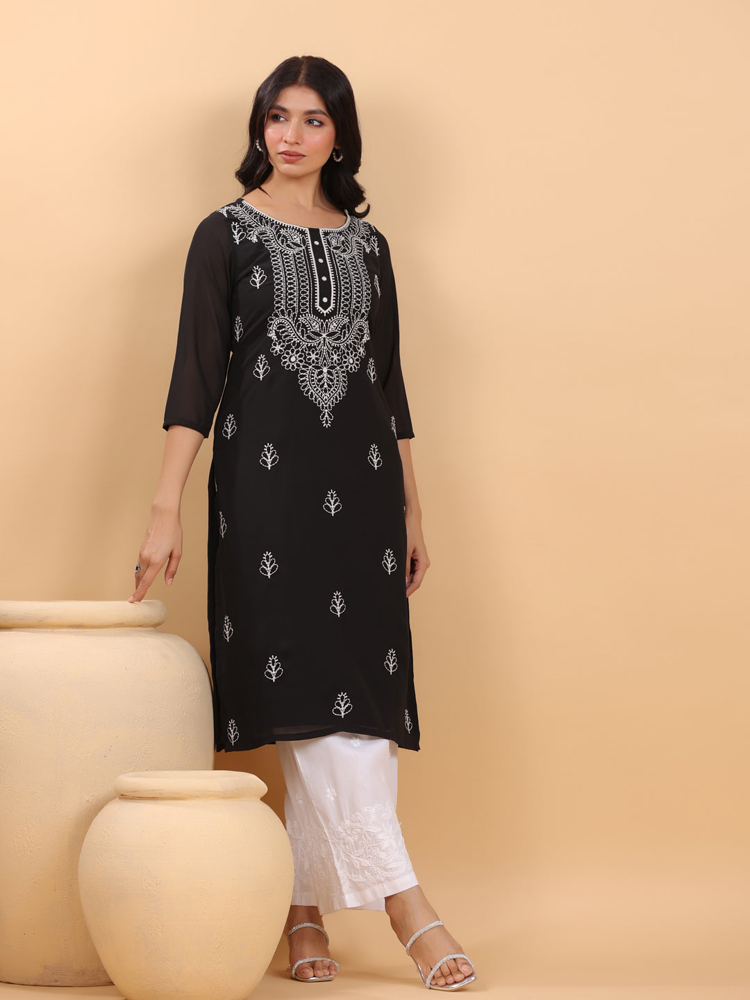 Black Georgette Embroidered Straight Kurta