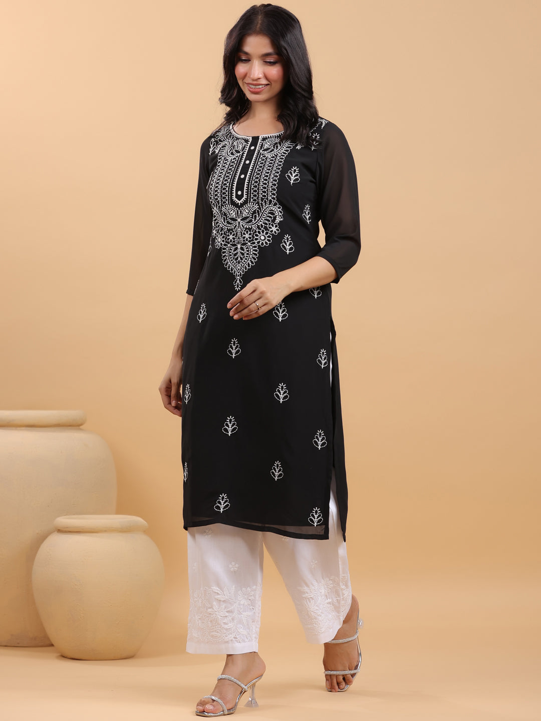 Black Georgette Embroidered Straight Kurta