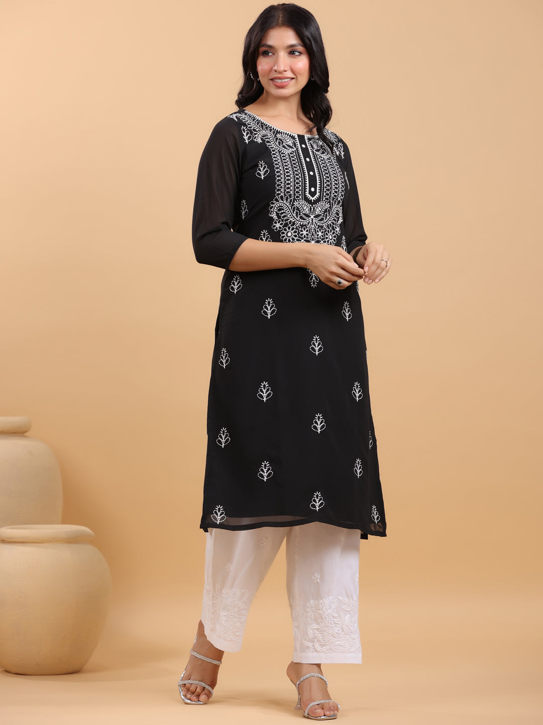 Black Georgette Embroidered Straight Kurta