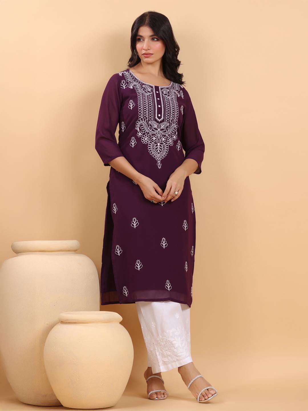 Purple Georgette Embroidered Straight Kurta