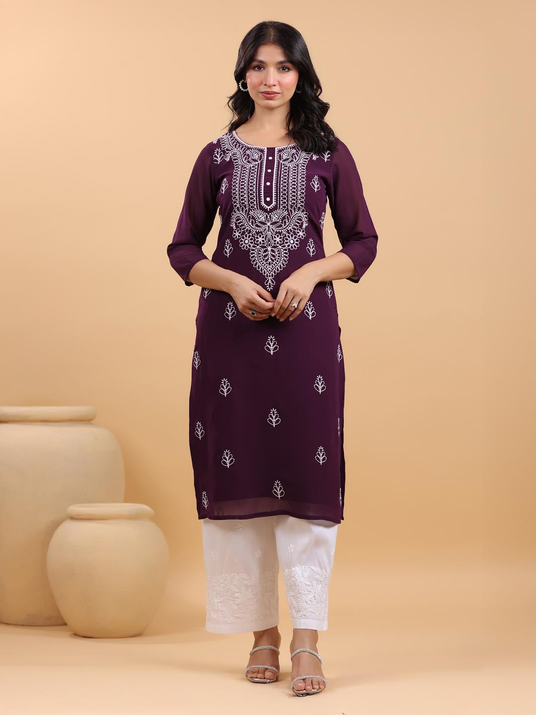 Purple Georgette Embroidered Straight Kurta