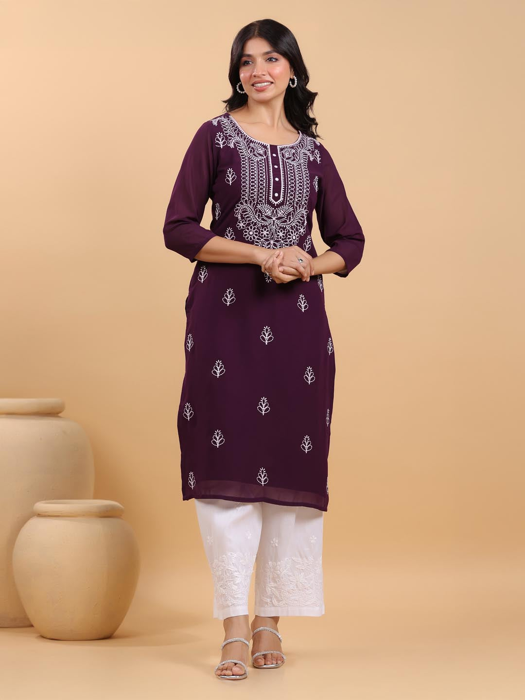 Purple Georgette Embroidered Straight Kurta