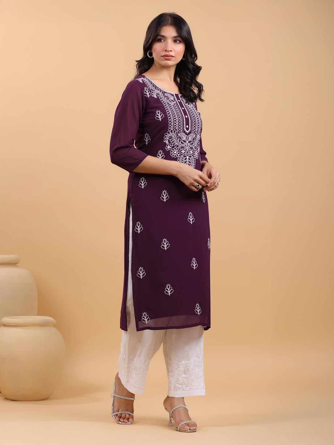 Purple Georgette Embroidered Straight Kurta