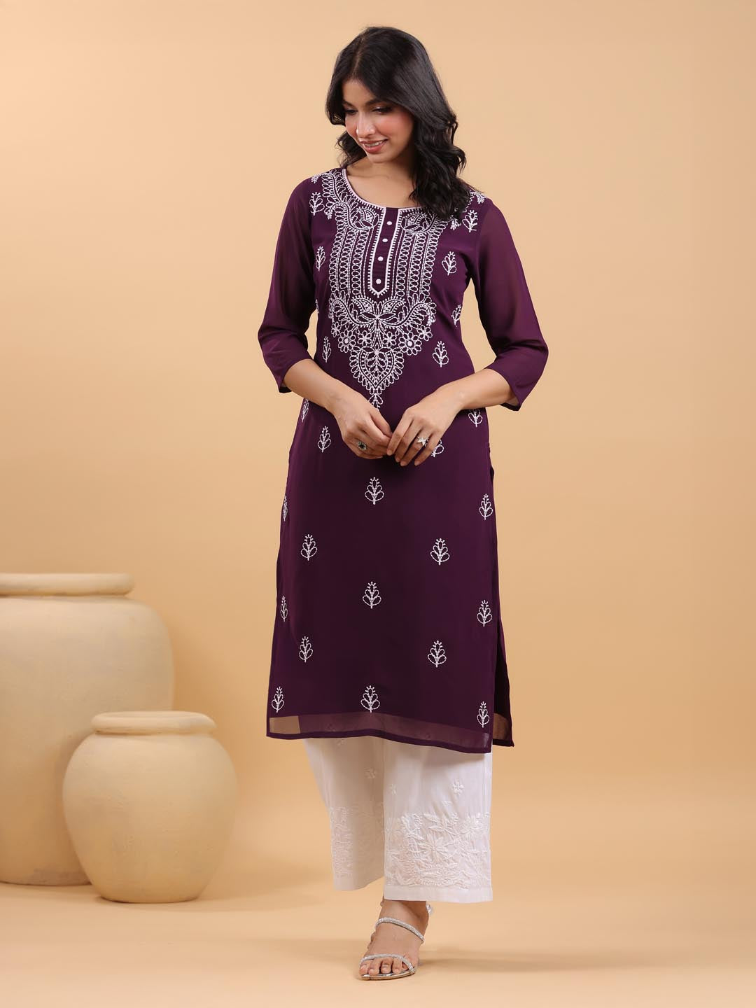 Purple Georgette Embroidered Straight Kurta